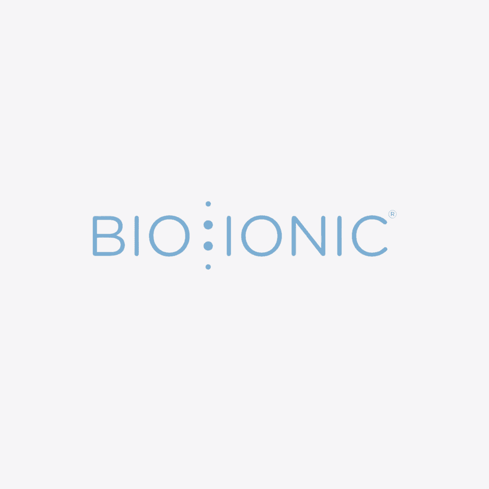 Bio Ionic logo with blue text and three dots in the center of a white background.